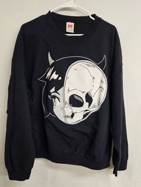 OMOCAT Sz XL Skull Girl Sweatshirt Crew Neck Pullover Sweater Anime Art RARE
